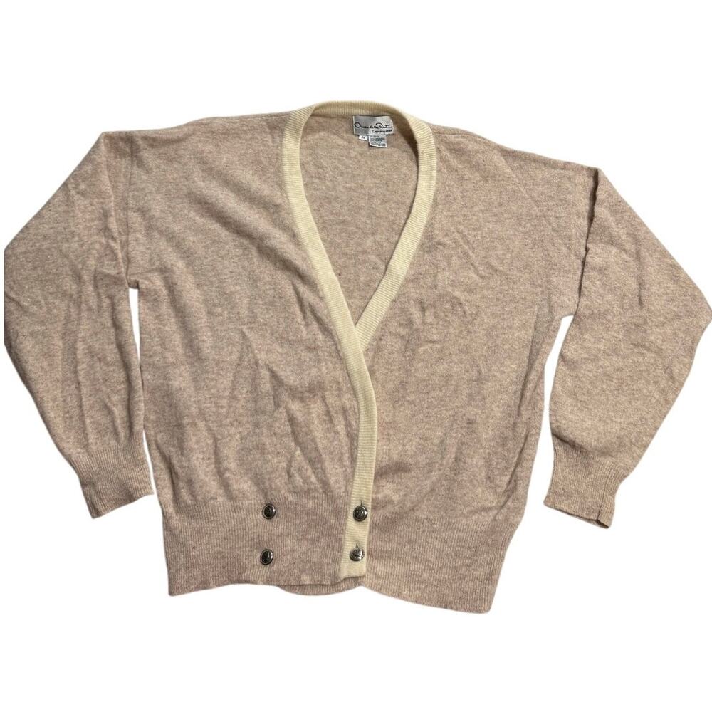 VTG Oscar De La Renta Expressions Cardigan Sweater Angora Wool Womens Medium Tan